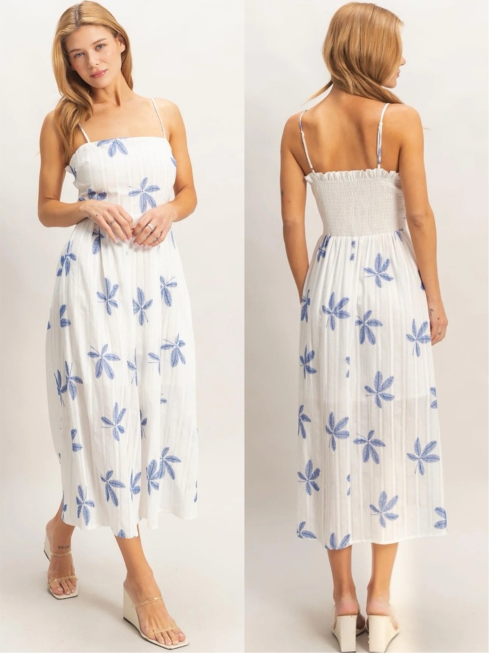 NEW HYFVE White Blue 100% Cotton Midi Dress Tropical Palm Leaf Embroidered